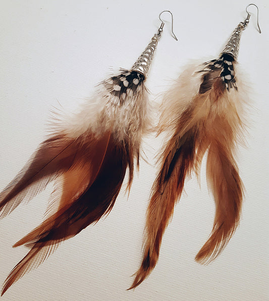 Drop Tan and Brown Feather Earrings