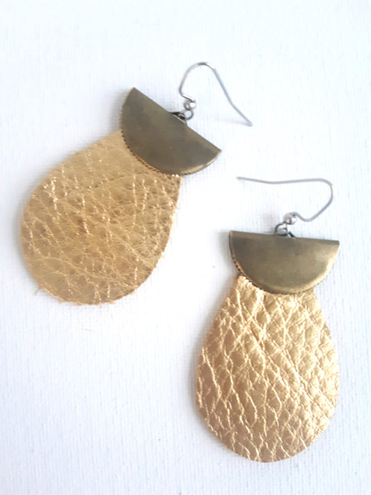 Leather Gold Water Drop Earrings